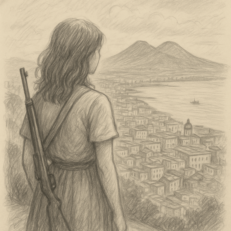 Maddalena "Lenuccia" Cerasuolo Disegno di Antonio Nacarlo fondo avorio, effetto carta ruvida, disegno a matita con inchiostro schizzato e contrasti marcati in stile noir