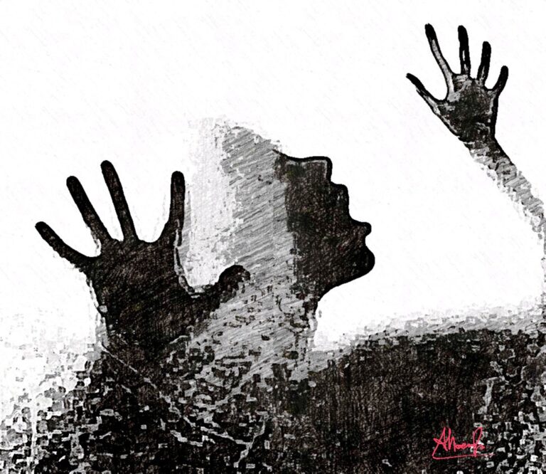 Violenza domestica fondo avorio, effetto carta ruvida, disegno a matita con inchiostro schizzato e contrasti marcati in stile noir