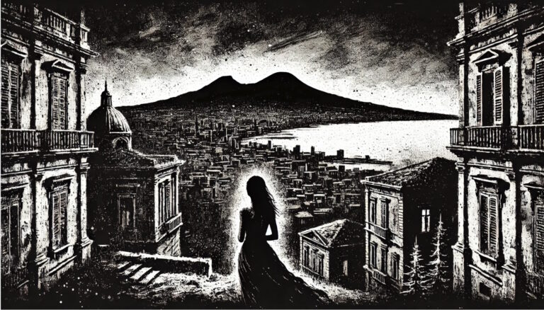 Napoli ultimo sguardo fondo avorio, effetto carta ruvida, disegno a matita con inchiostro schizzato e contrasti marcati in stile noir
