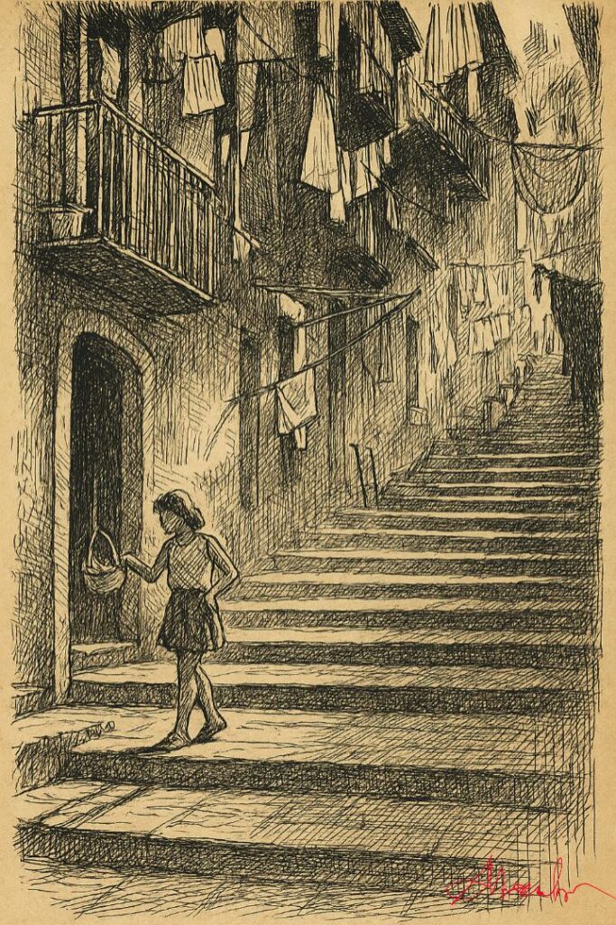 overtourism a Napoli DISEGNO CHINA ANTONIO NACARLO fondo avorio, effetto carta ruvida, disegno a matita con inchiostro schizzato e contrasti marcati in stile noir