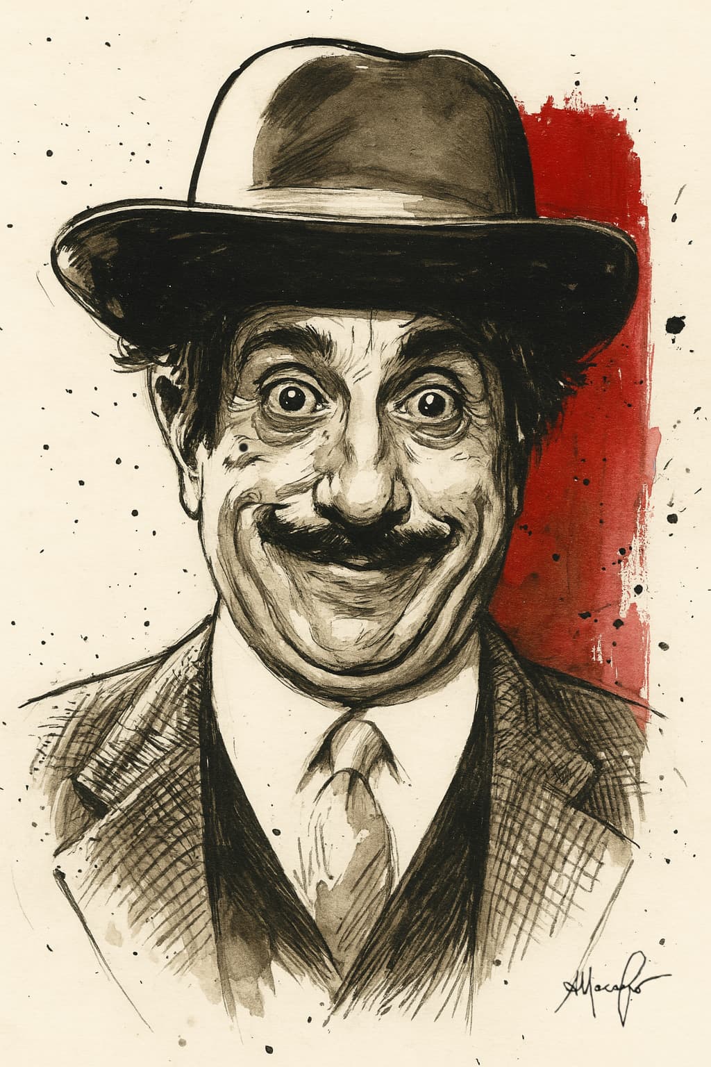 Ritratto di Peppino De Filippo con cappello bombetta ed espressione comica, in stile vintage