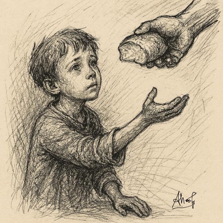 Un bambino chiede pane. Disegno su carta avorio carboncino e china schizzo