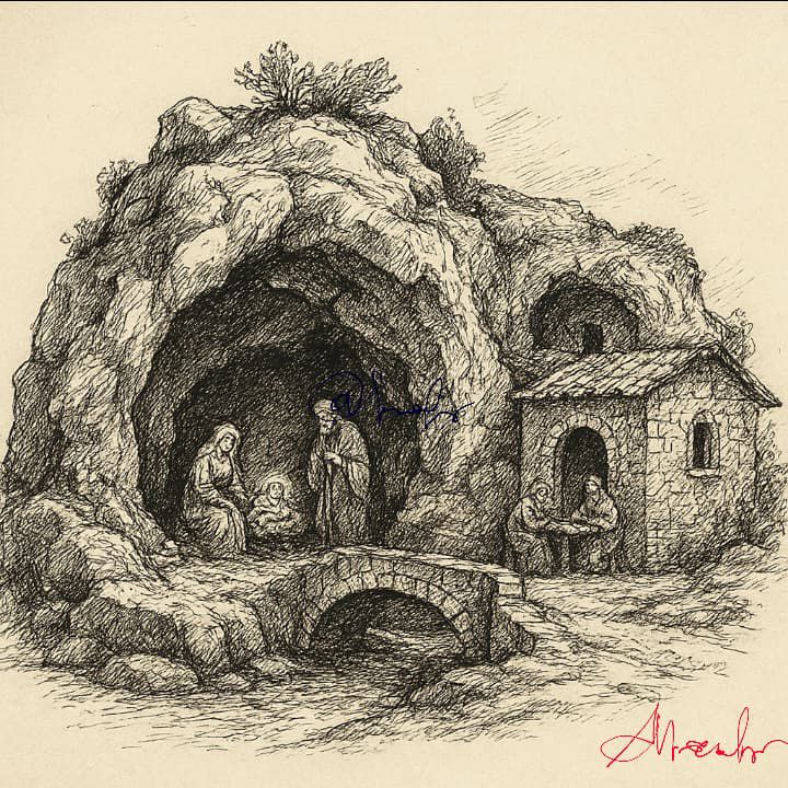 Scena di presepe napoletano - scoglio e grotte- disegno di Antonio Nacarlo