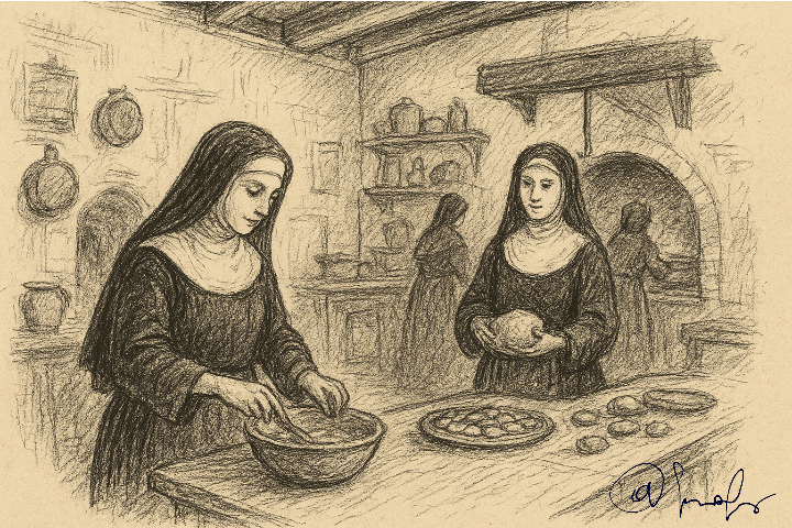 Interno di una cucina conventuale con suore al lavoro, antica atmosfera napoletana