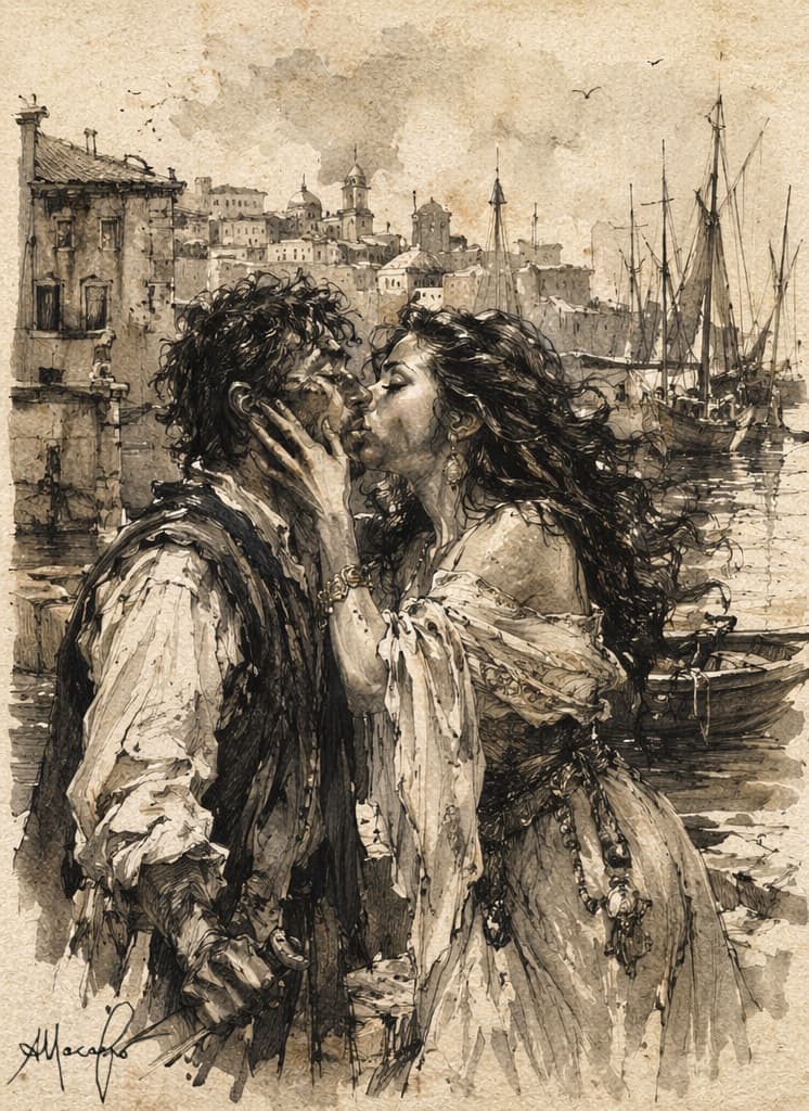Quando 'a ciorta si addormenta – il bacio della fortuna e l’incontro con il fato – disegno di Antonio Nacarlo Illustrazione orizzontale in stile antico su carta avorio: a sinistra un uomo baciato da una donna vicino alla marina di Napoli, a destra lo stesso uomo davanti alla sua chorta, figura femminile oscura in un bosco.