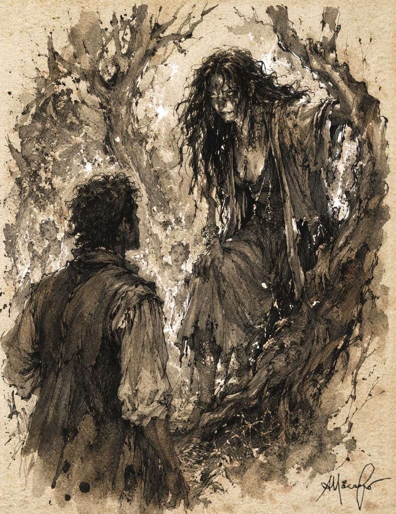 Quando la chorta si addormenta – il bacio della fortuna e l’incontro con il fato Illustrazione orizzontale in stile antico su carta avorio: a sinistra un uomo baciato da una donna vicino alla marina di Napoli, a destra lo stesso uomo davanti alla sua ciorta, figura femminile oscura in un bosco.