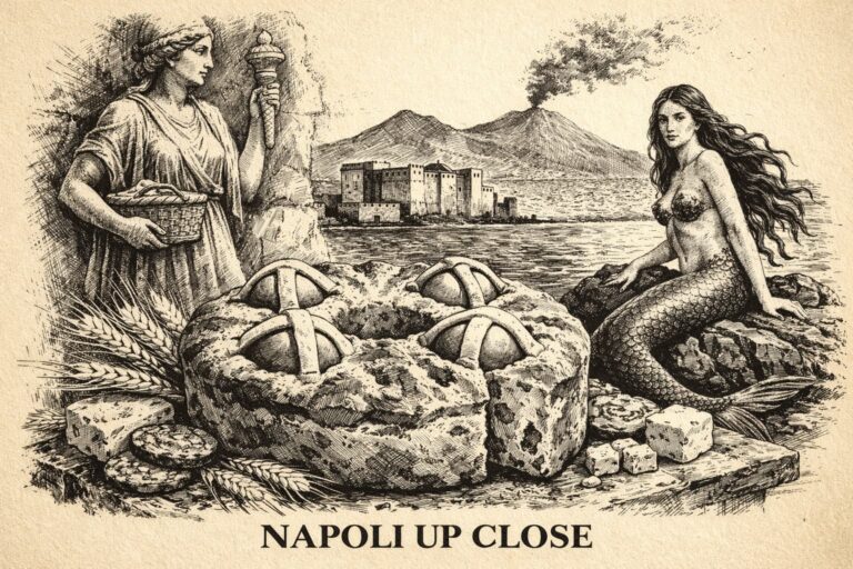 Casatiello: alla ricerca delle origini Casatiello: alla ricerca delle origini Scena urbana di Napoli su fondo avorio, effetto carta ruvida, disegno a matita con inchiostro schizzato e contrasti marcati in stile noir