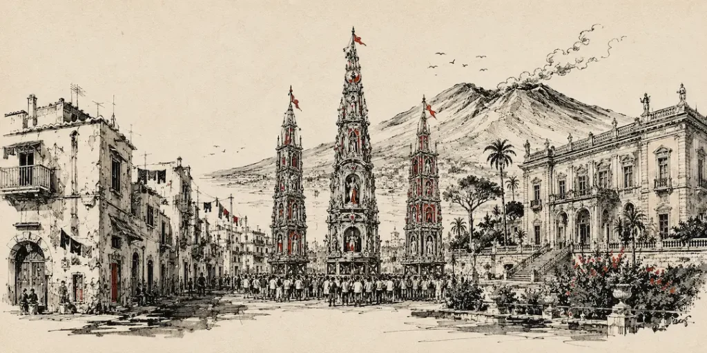 I Gigli di Barra, una festa resiliente – Napoli illustrata, carta avorio, matita e inchiostro