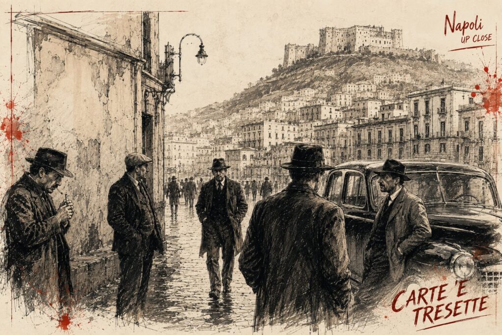 disegno su fondo avorio a china, personaggi vari degli anni 50 a napoli, gangster