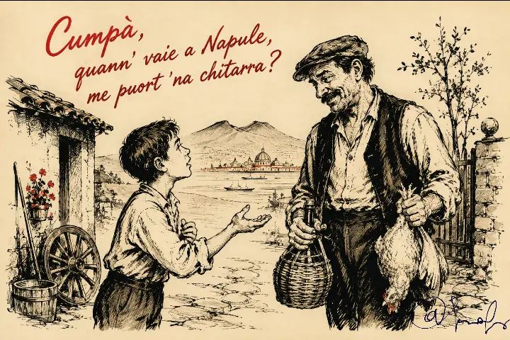 Cumpà, quann’ vaie a Napule, me puort ‘na chitarra? – Napoli illustrata, carta avorio, matita e inchiostro